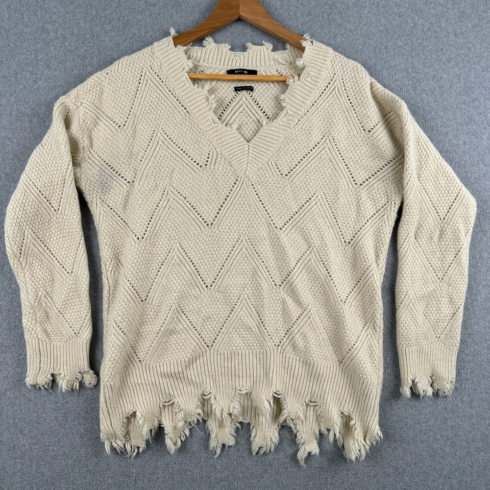 Miss Me Sweater Womens L Cream SMSW1018L V-Neck Chevron Distressed Knit Pullover
